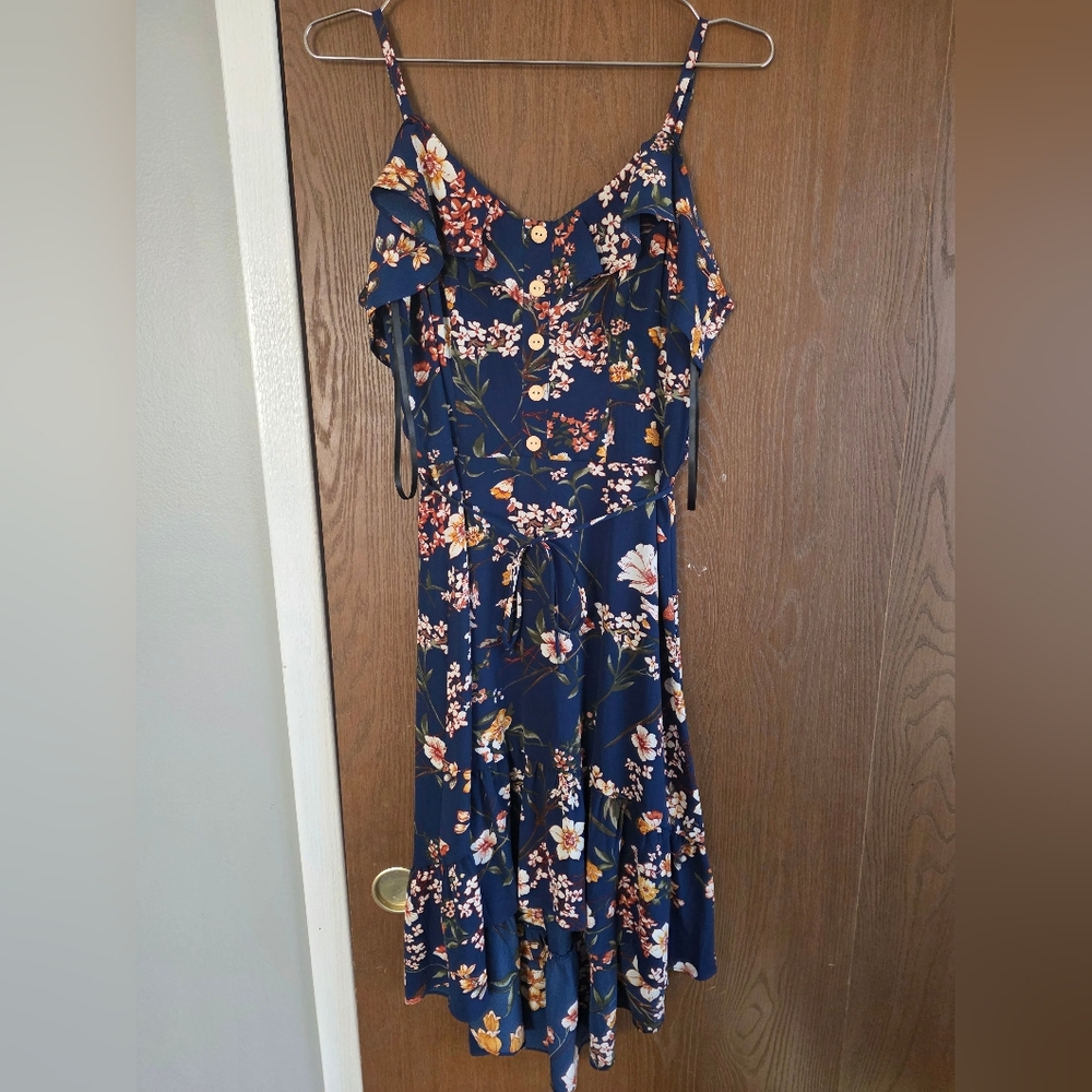 by & by Asymmetrical Floral Dress in Navy and Gold
